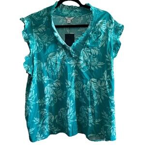 Crown & Ivy Smocked Ruffle Neck Short Sleeves Women’s Plus Top V Neck Sz 3X NWT